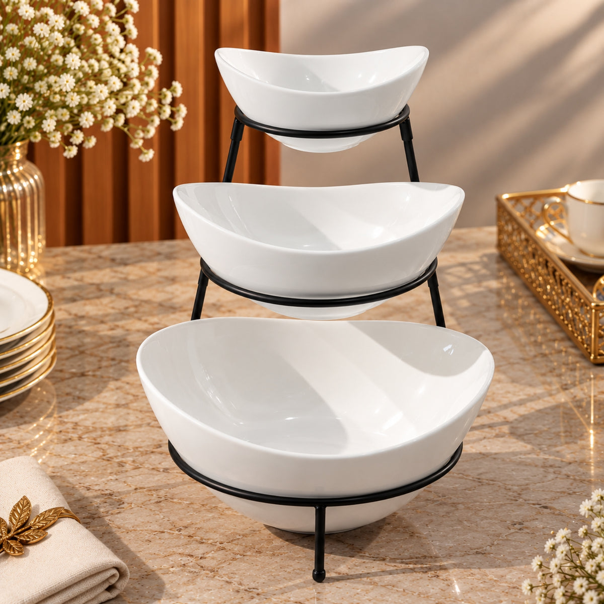 3-Tier White Serving Bowl Set with Black Metal Stand – 3 Pieces