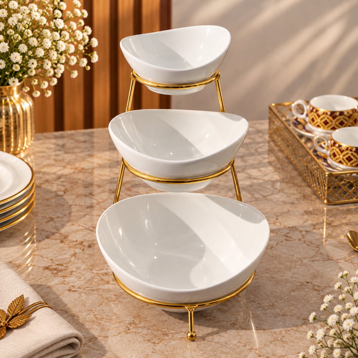 Blumen 3-Tier Serving Bowl Set with Gold Stand – 3 Pieces