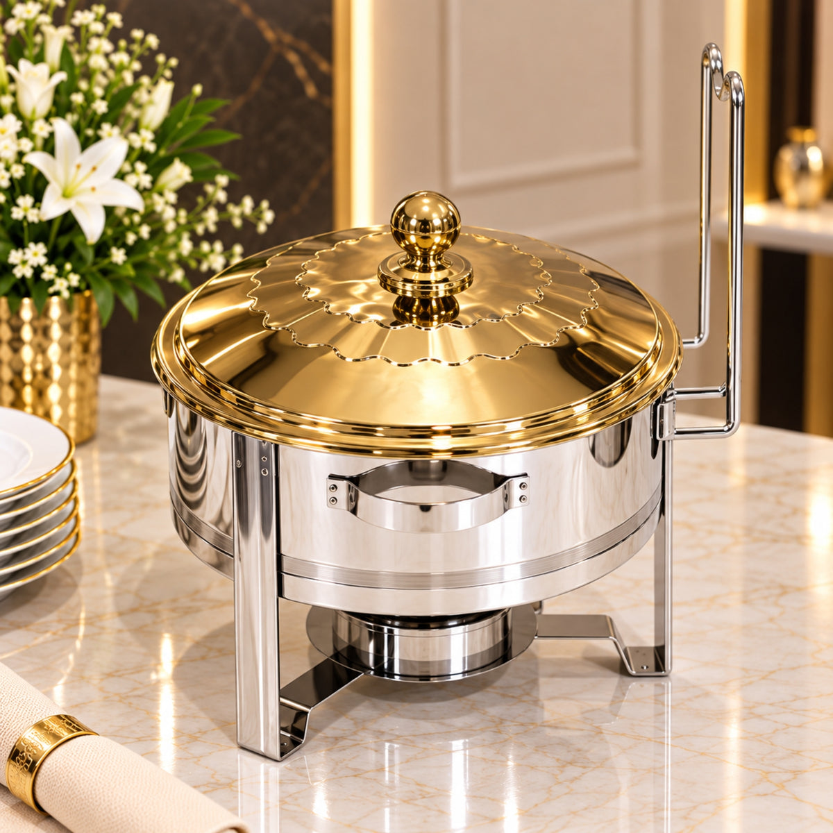 Luxury Round Silver & Gold Chafing Dish – 4L, 6L & 8L