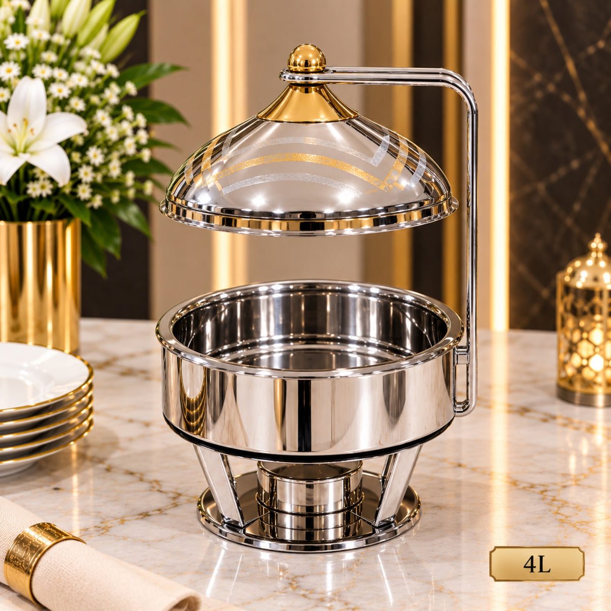Premium Round Silver Chafing Dish with Suspended Dome Lid – 2L, 4L, 5L & 6L