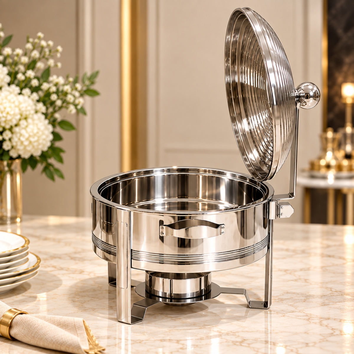 Premium Silver Round Chafing Dish with Hinged Lid – 4L, 6L & 8L