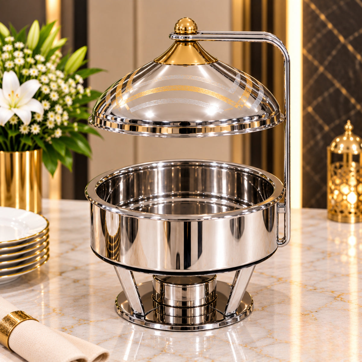 Premium Round Silver Chafing Dish with Suspended Dome Lid – 2L, 4L, 5L & 6L