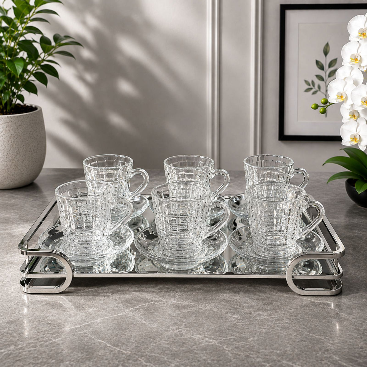 Crystal Pattern Tea Cup & Saucer Set 12 Pieces | GL20