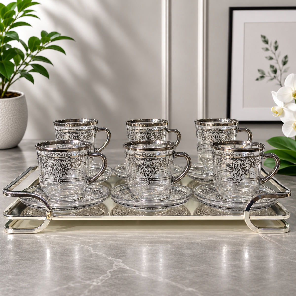 Silver Pattern Glass Tea Cup & Saucer Set 12 Pieces | PR218
