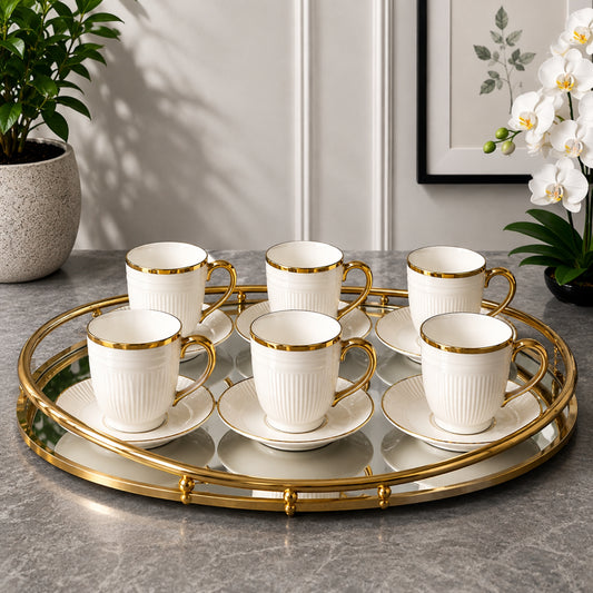 White & Gold Ribbed Tea Cup & Saucer Set 12 Pieces | PR806