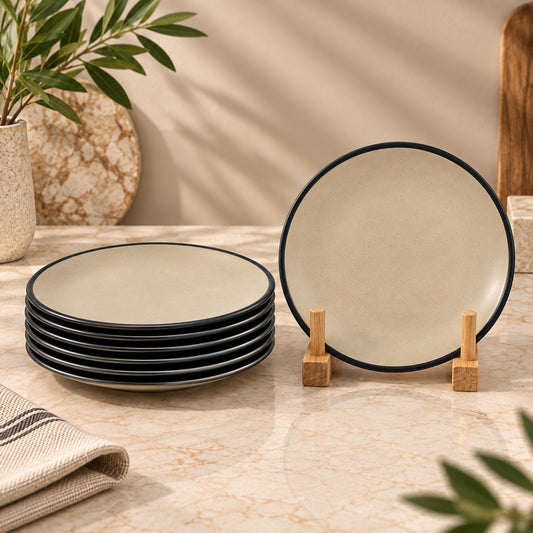 7-inch round beige melamine plate with black rim, single piece modern dinnerware