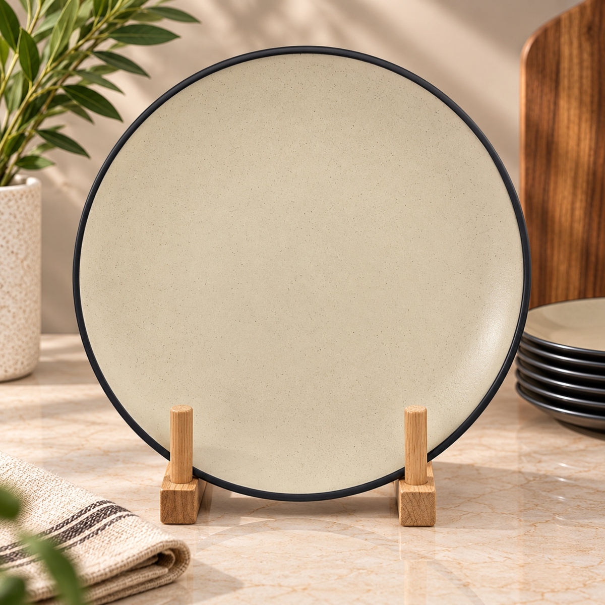 10.5-inch round beige melamine dinner plate with black rim – single piece