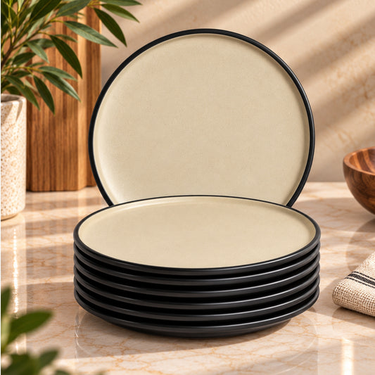 10.5-inch round beige melamine dinner plate with black rim – single piece