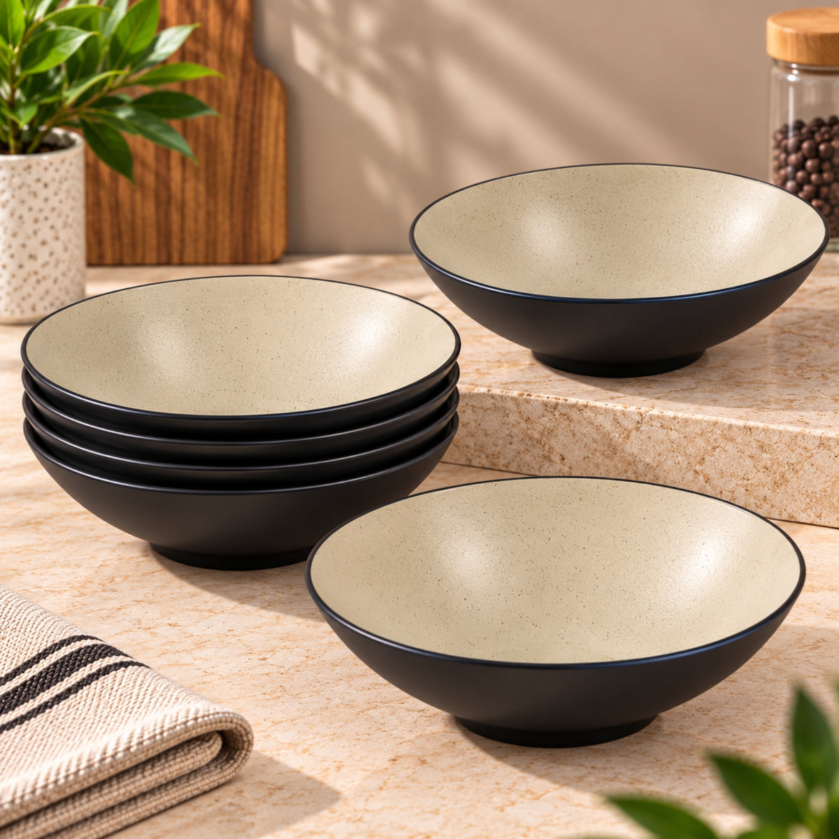 Modern Two-Tone Melamine Serving Bowl – Beige & Black – 11 Inch