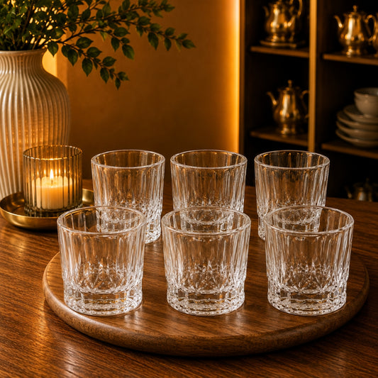 6-Piece Clear Fluted Glass Tumbler Set – Geometric Base Design