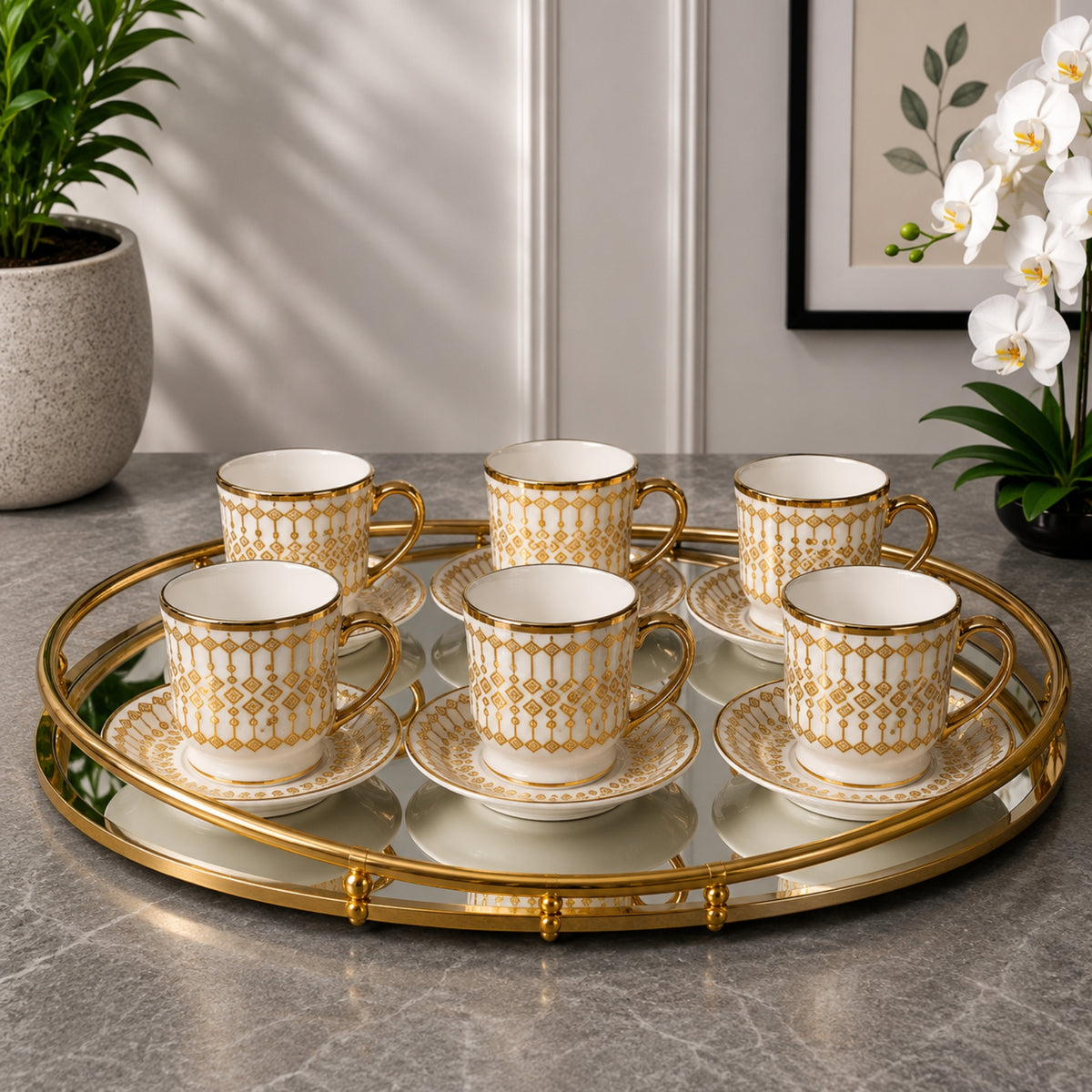 White & Gold Geometric Tea Cup & Saucer Set 12 Pieces | PR210