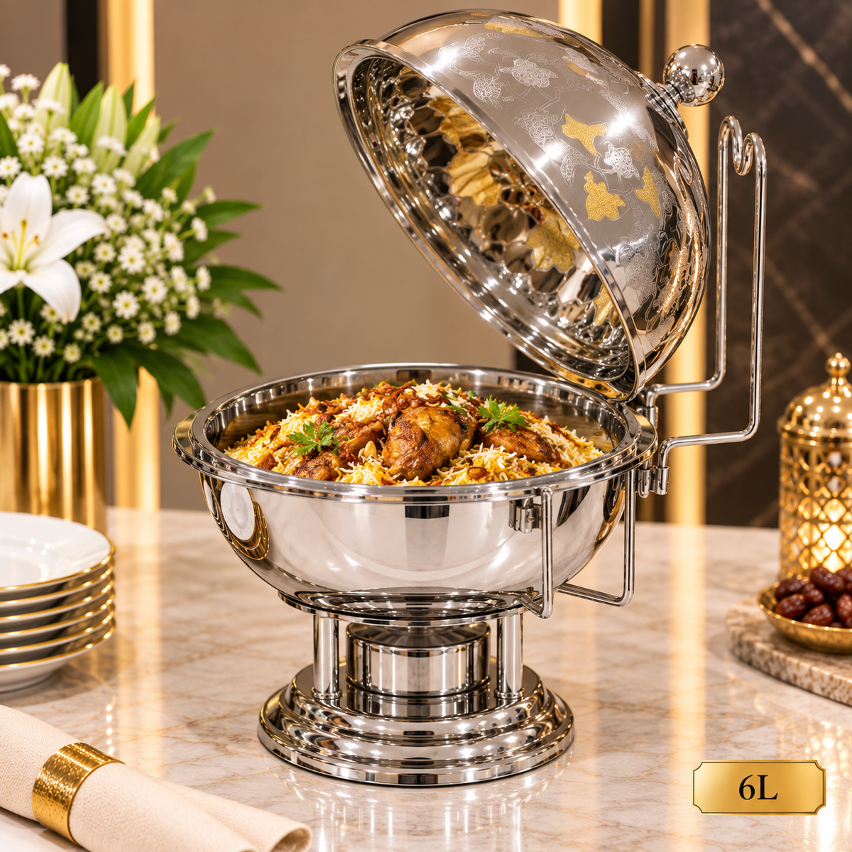 6L Luxury Silver Chafing Dish with Gold Floral Design – Round Buffet Food Warmer
