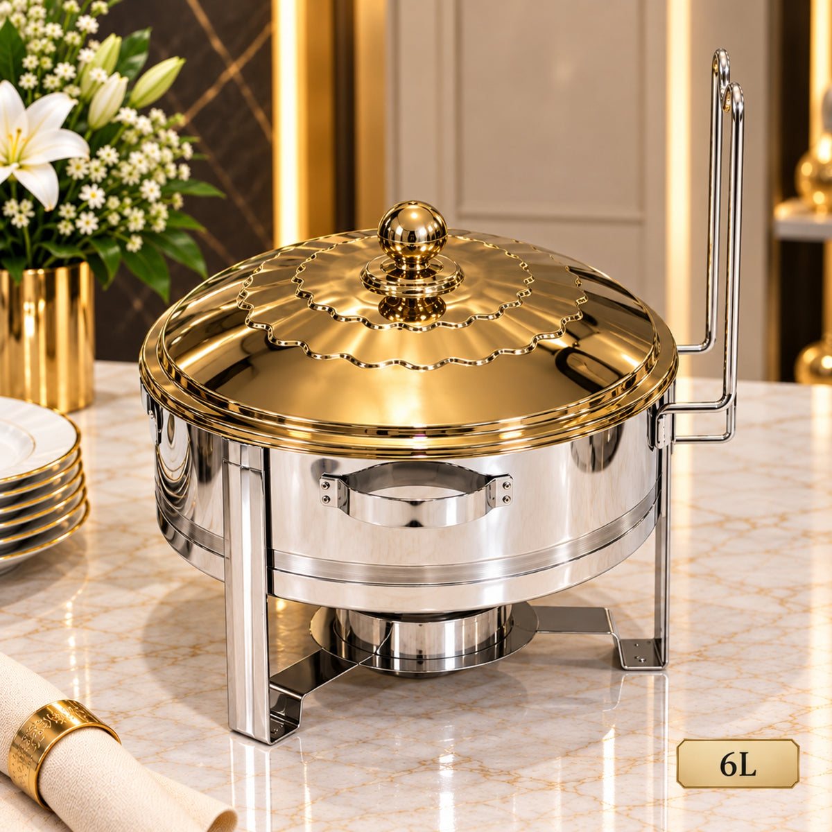Luxury Round Silver & Gold Chafing Dish – 4L, 6L & 8L