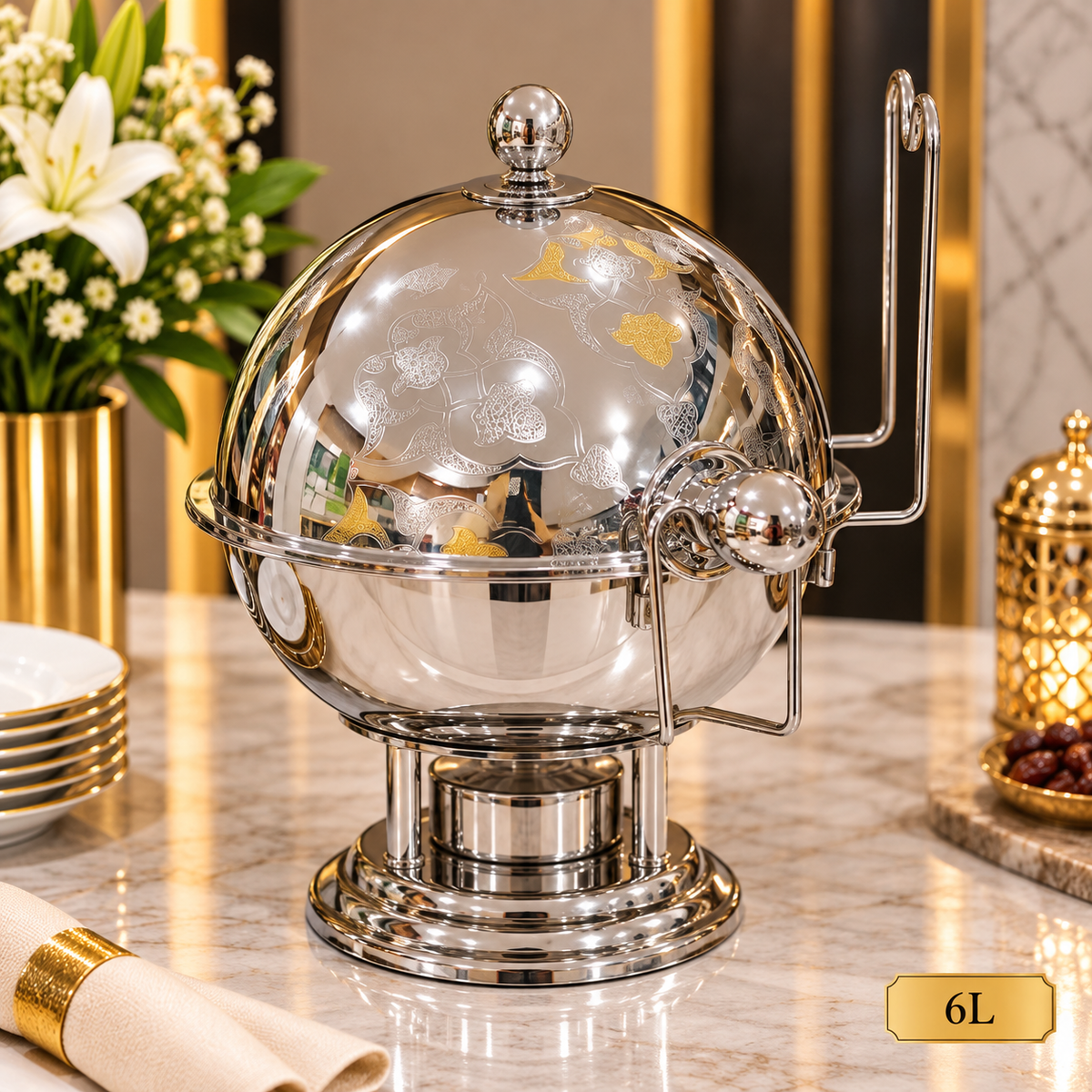 6L Luxury Silver Chafing Dish with Gold Floral Design – Round Buffet Food Warmer