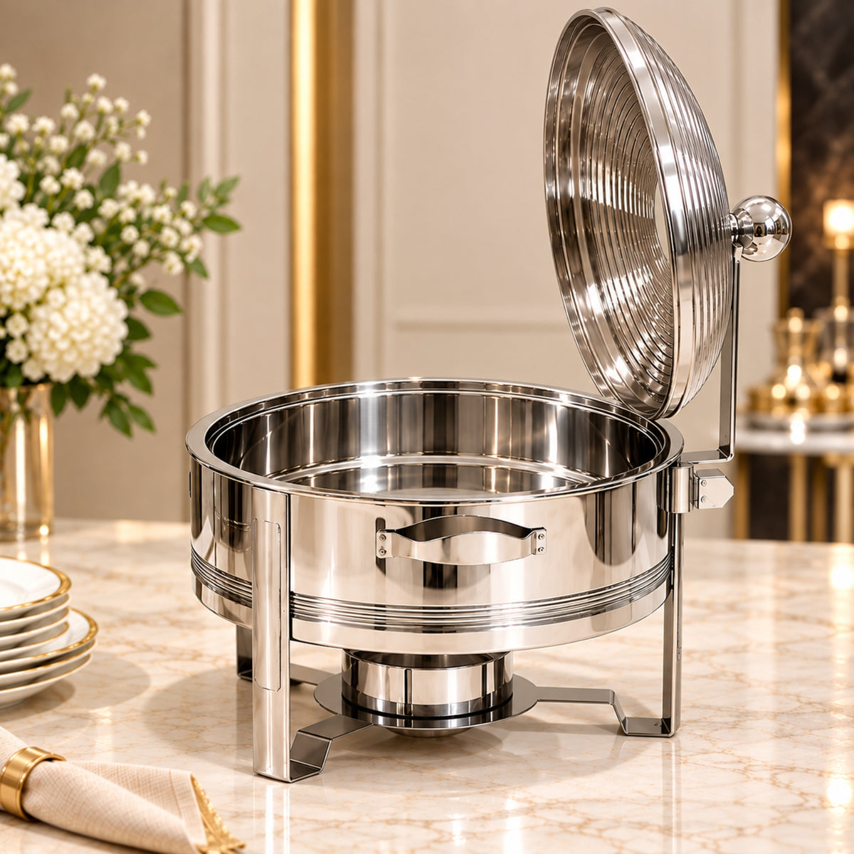 Premium Silver Round Chafing Dish with Hinged Lid – 4L, 6L & 8L