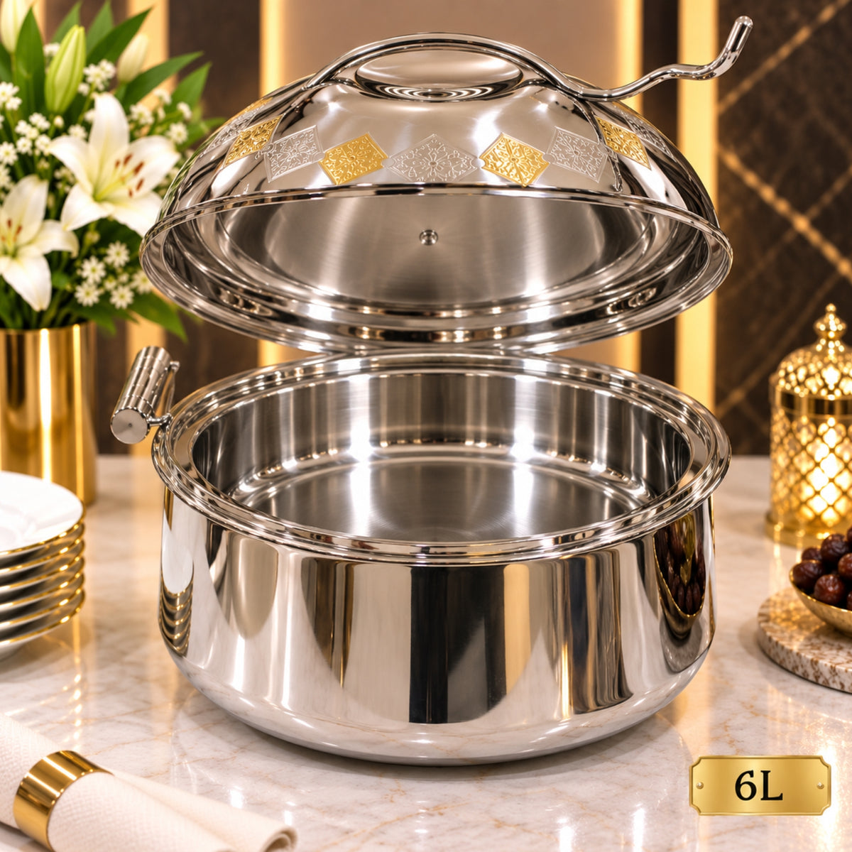 6L Silver Stainless Steel Chafing Dish with Gold Decorative Lid – Round Buffet Food Warmer
