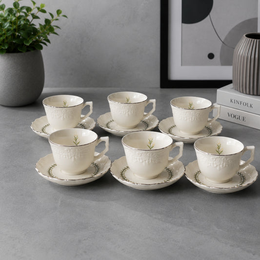 White Botanical Tea Cup & Saucer Set 12 Pieces | SC3946