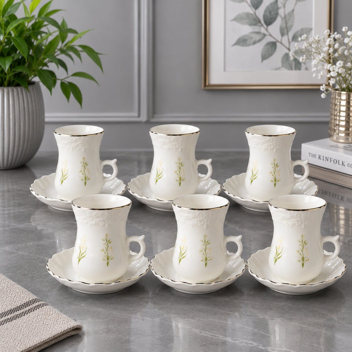White Botanical Coffee Cup & Saucer Set 12 Pieces