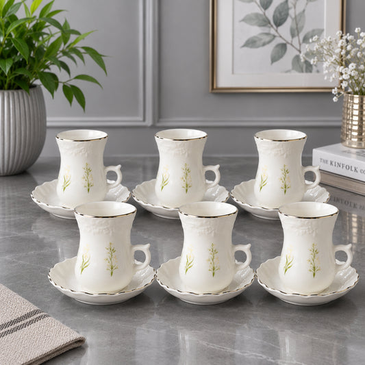 White Botanical Coffee Cup & Saucer Set 12 Pieces