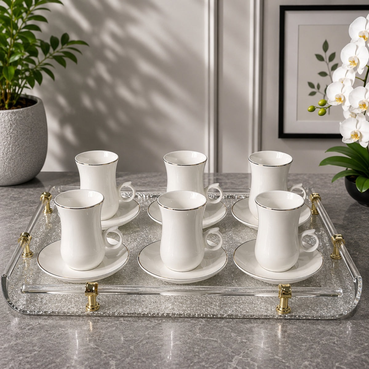 White Istikan Flower Handle Tea Cup & Saucer Set – 12 Pieces