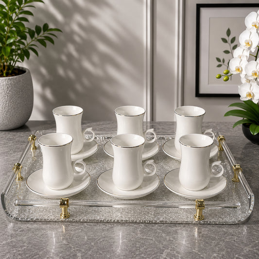 White Istikan Flower Handle Tea Cup & Saucer Set – 12 Pieces