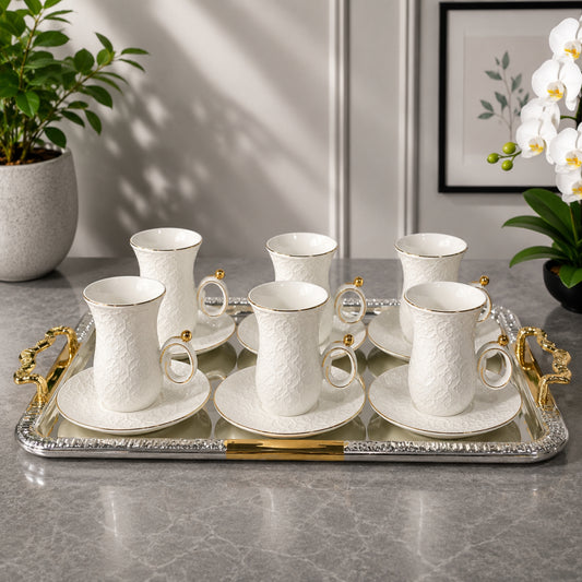 White & Gold Istikan Flower Tea Cup & Saucer Set – 12 Pieces