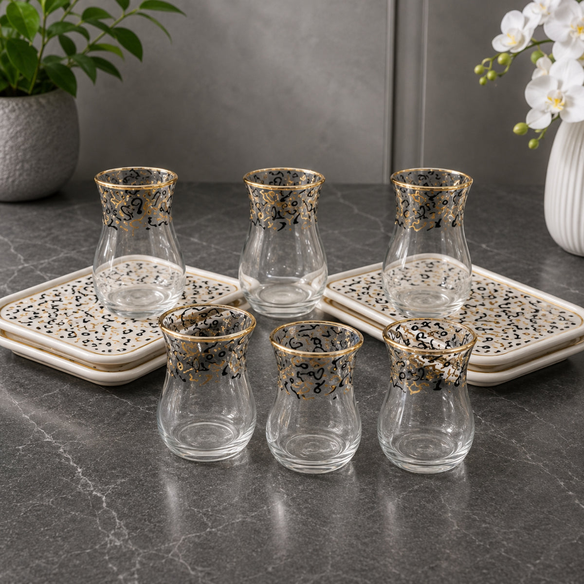 Black & Gold Glass Tea Cup & Saucer Set 12 Pieces