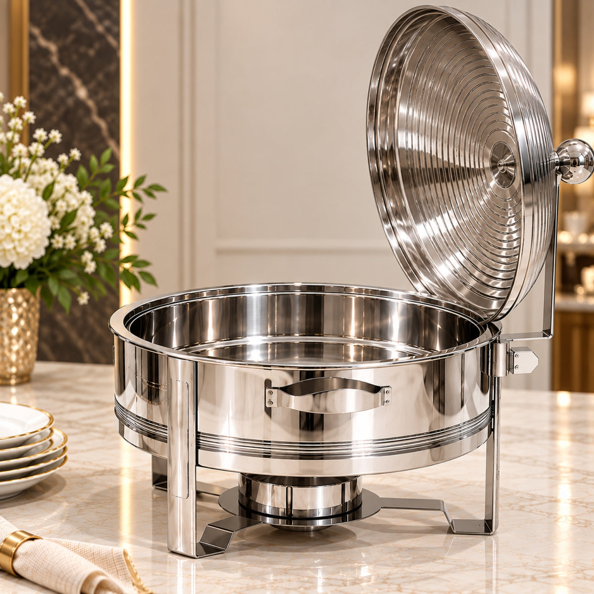 Premium Silver Round Chafing Dish with Hinged Lid – 4L, 6L & 8L