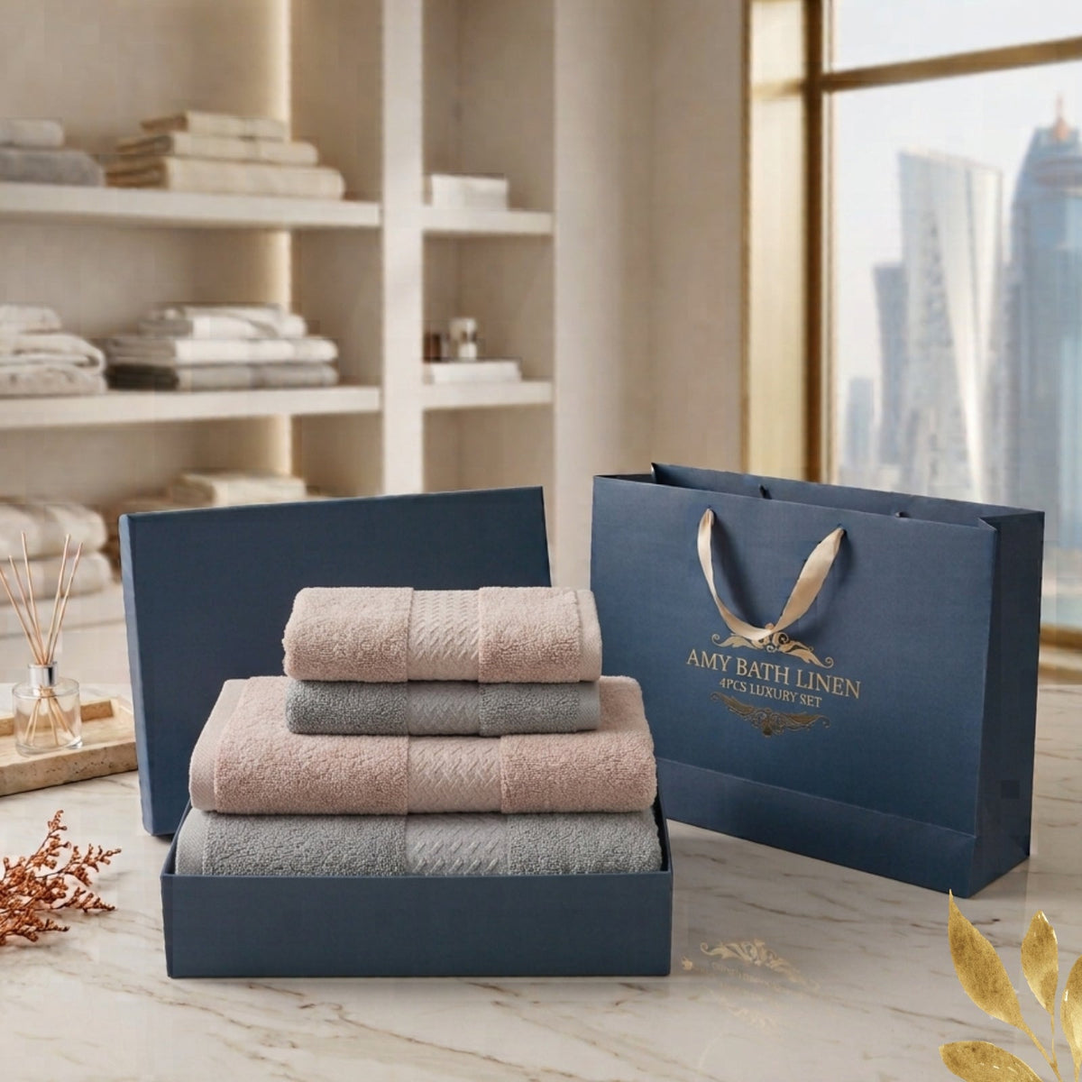 AMY 4 Piece Luxury Bath Towel Set – Premium Cotton Bath Linen Gift Set