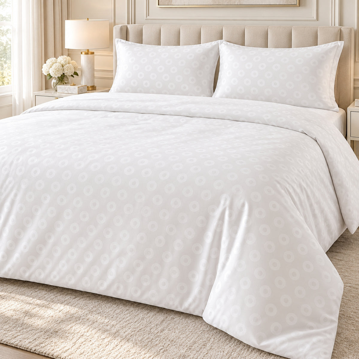 White Circular Pattern Linen King Size 4-Piece Bedding Set – 220 × 240 cm