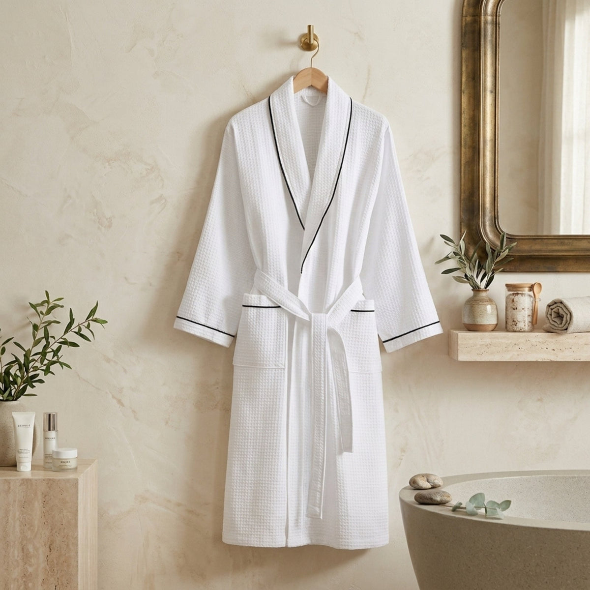 White Shawl Collar Bathrobe with Piping – Luxury Polyester Bathrobe