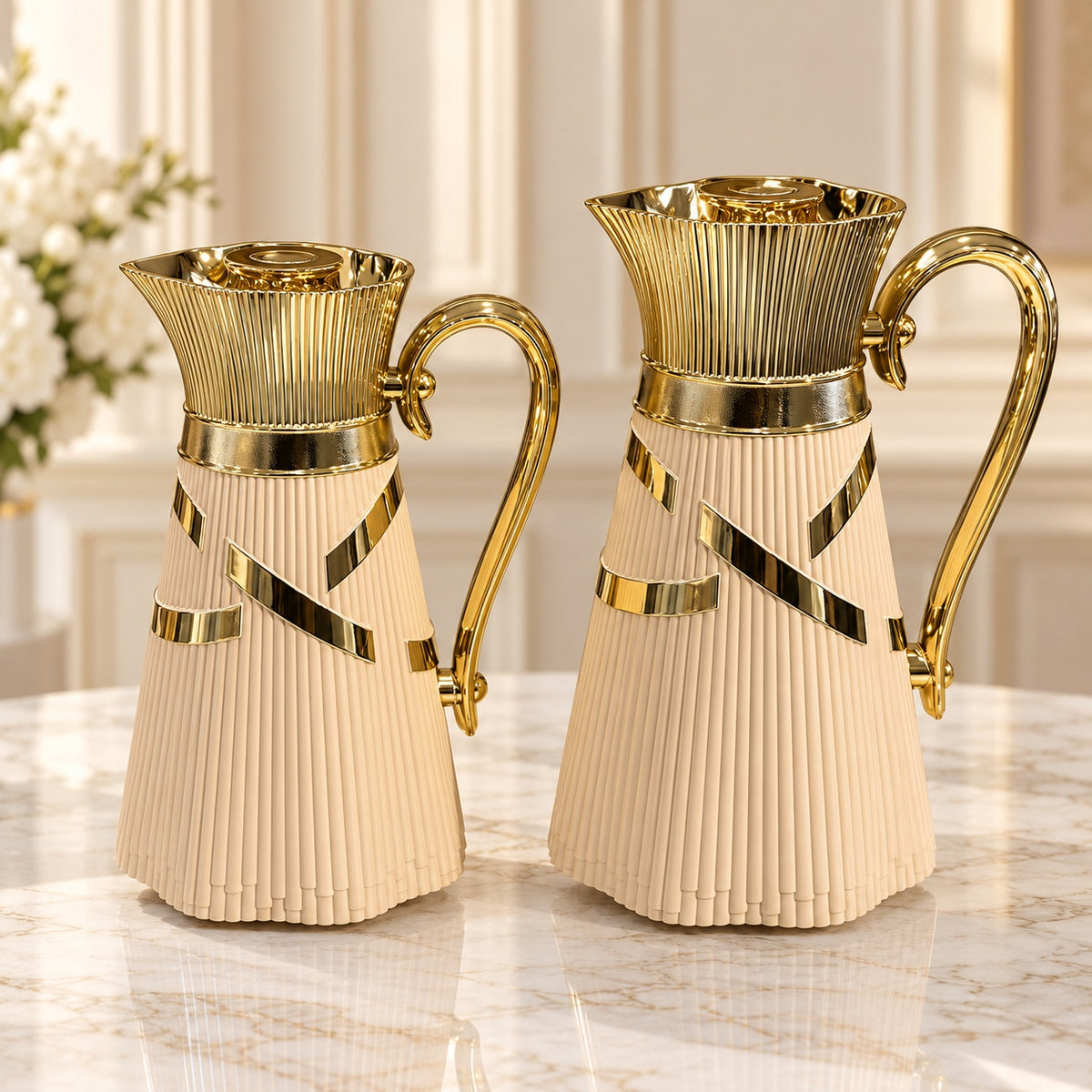 Najib luxury beige and gold 2-piece vacuum flask set featuring ribbed beige bodies, decorative gold lids and curved handles in 1L and 0.7L capacities