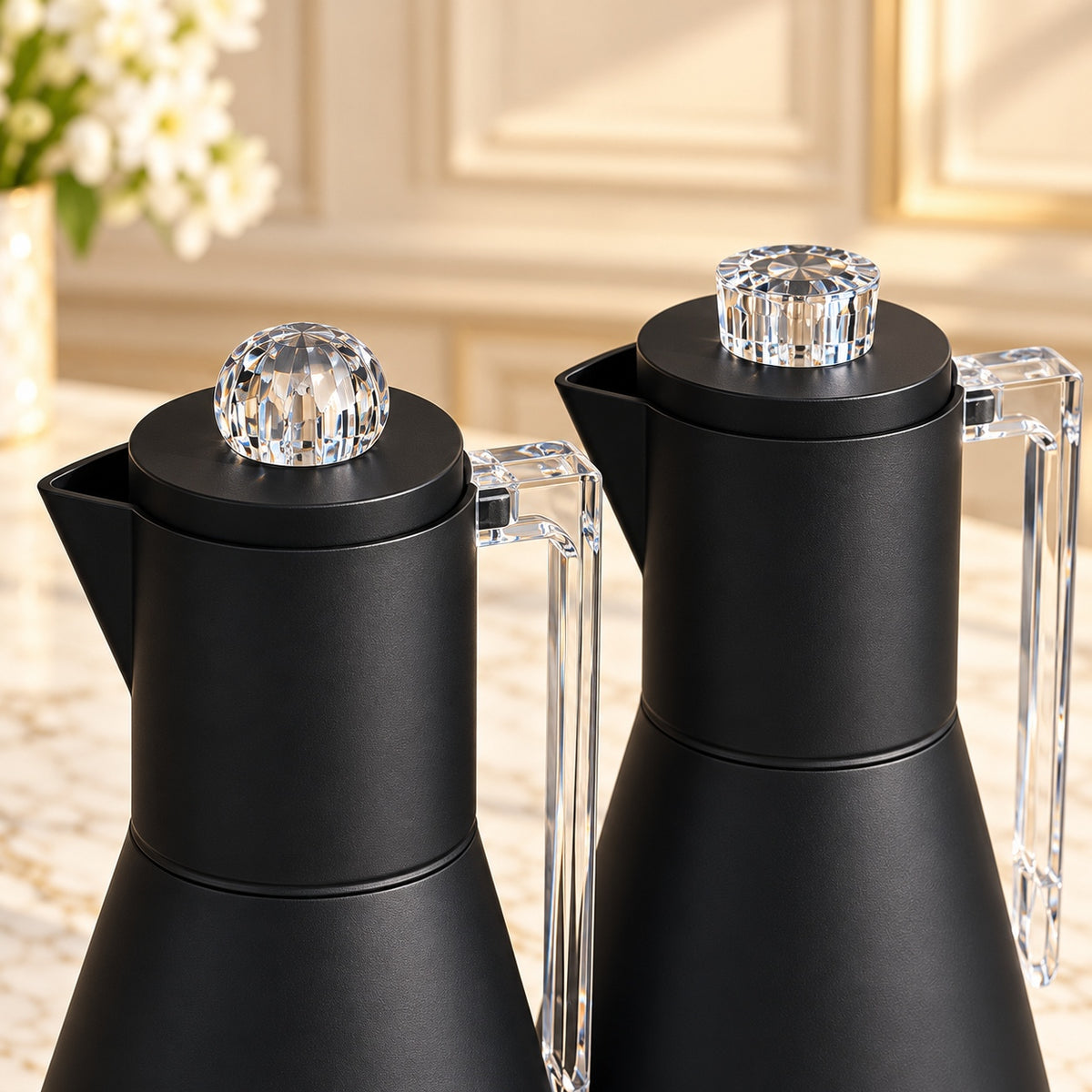Najib luxury matte black 2-piece vacuum flask set, 1L + 1L, featuring modern conical bodies, transparent crystal-style handles and decorative clear lid knobs.