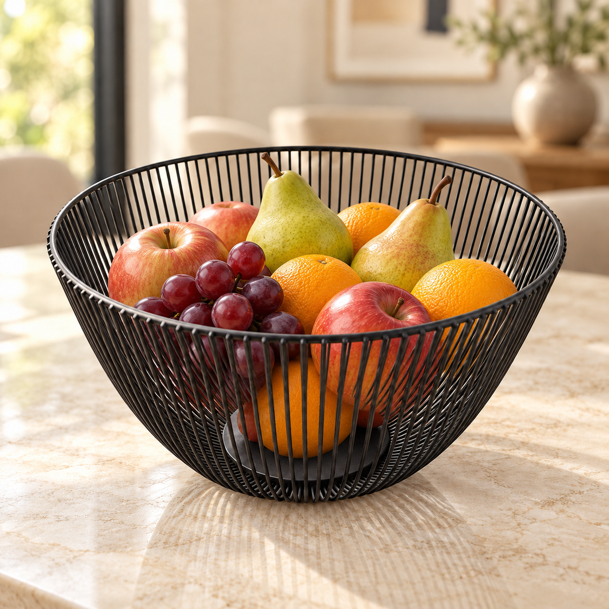 Modern Deep Black Metal Wire Fruit Basket | Round Decorative Fruit Bowl