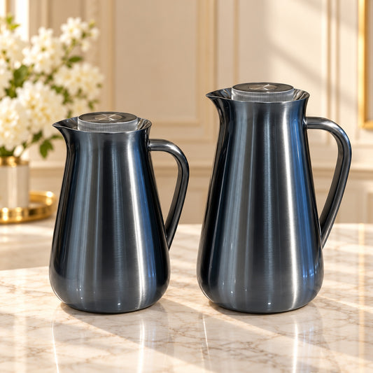 Najib luxury blue grey vacuum flask set 2 pieces 1L and 0.5L with metallic finish, curved handles and silver-tone lids for Arabic coffee and tea serving.