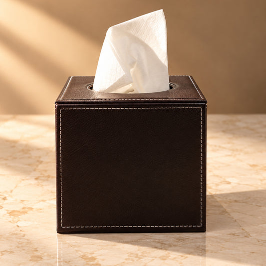 Classic Brown Leather Tissue Box with Contrast Stitching
