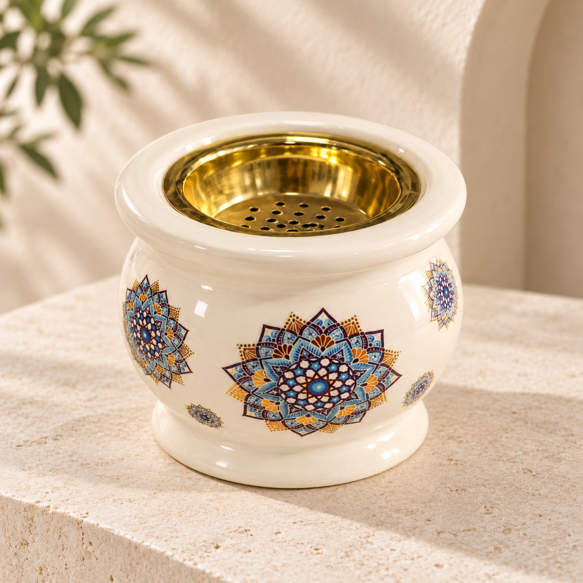 Luxury Ceramic Bukhour Burner – Ivory with Multicolor Mandala Design