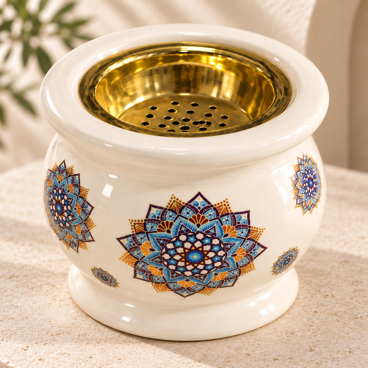 Luxury Ceramic Bukhour Burner – Ivory with Multicolor Mandala Design