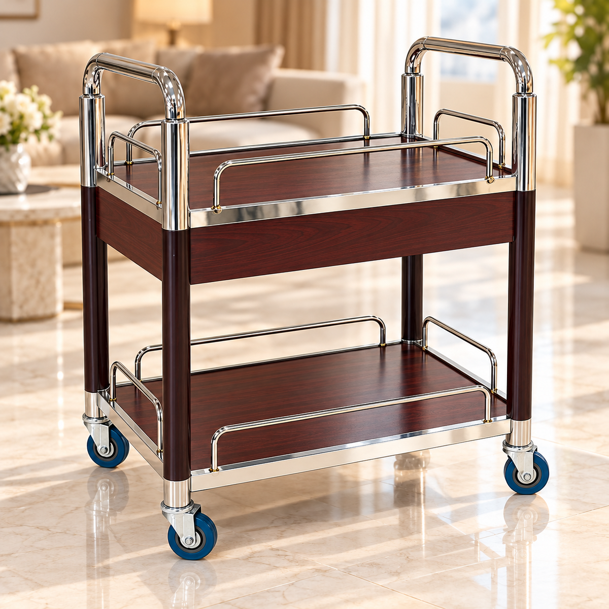 Luxury 2-Tier Dining Serving Trolley – Burgundy Wood & Silver Finish | 90cm