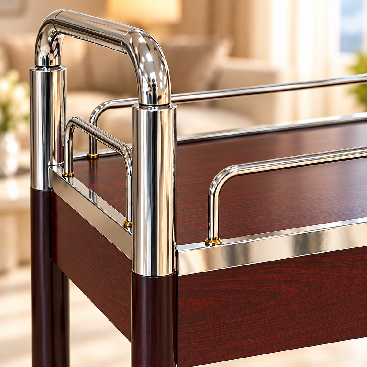 Luxury 2-Tier Dining Serving Trolley – Burgundy Wood & Silver Finish | 90cm