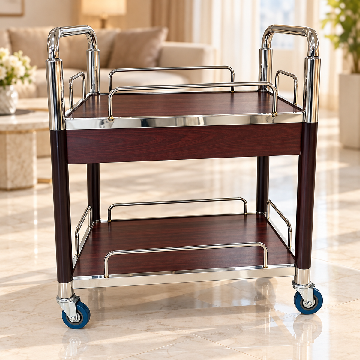 Luxury 2-Tier Dining Serving Trolley – Burgundy Wood & Silver Finish | 90cm