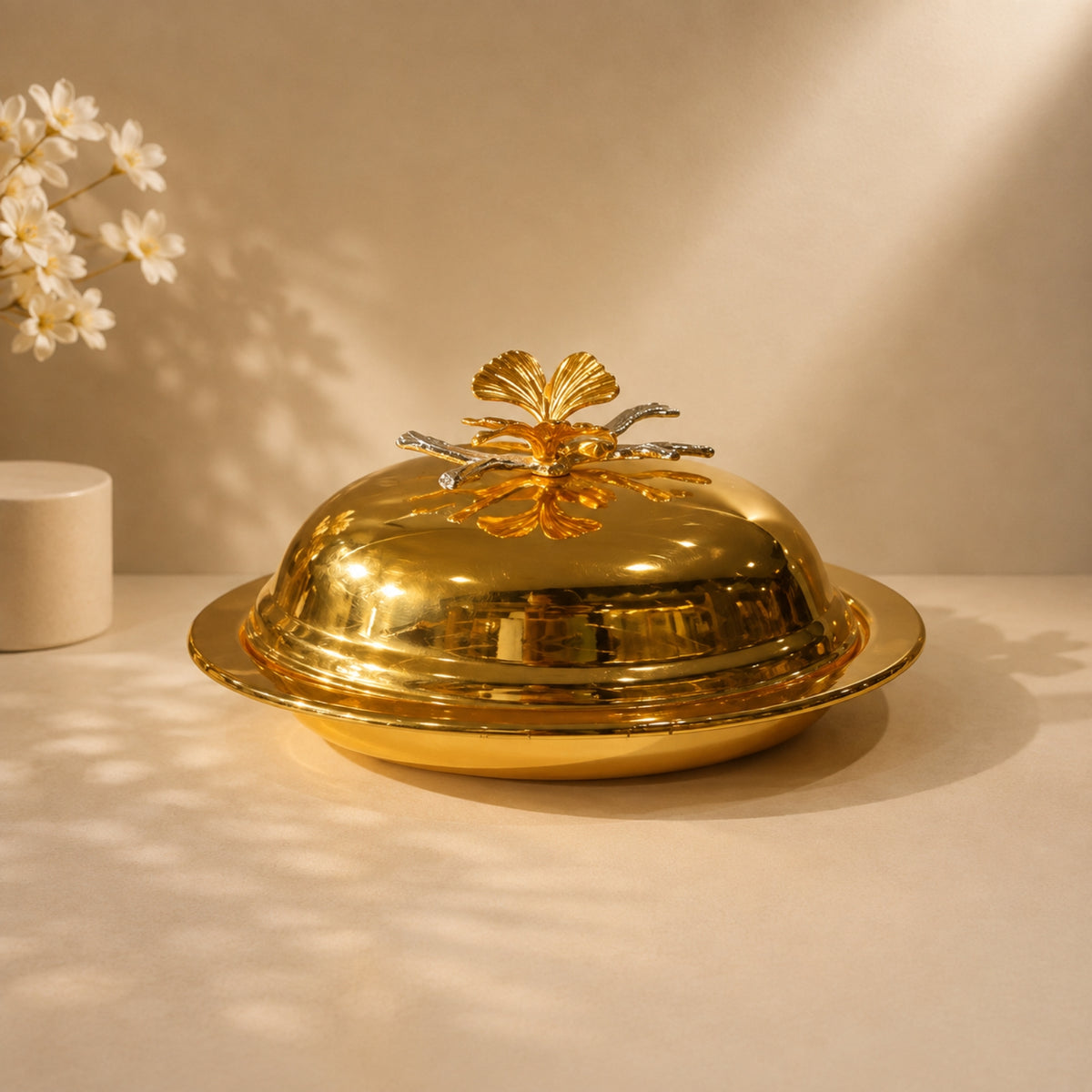 Gold Egg-Shaped Butter Dish with Decorative Iron Lid