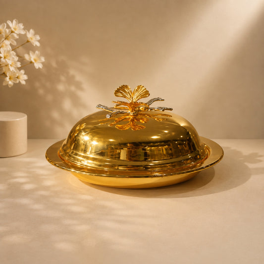 Gold Egg-Shaped Butter Dish with Decorative Iron Lid