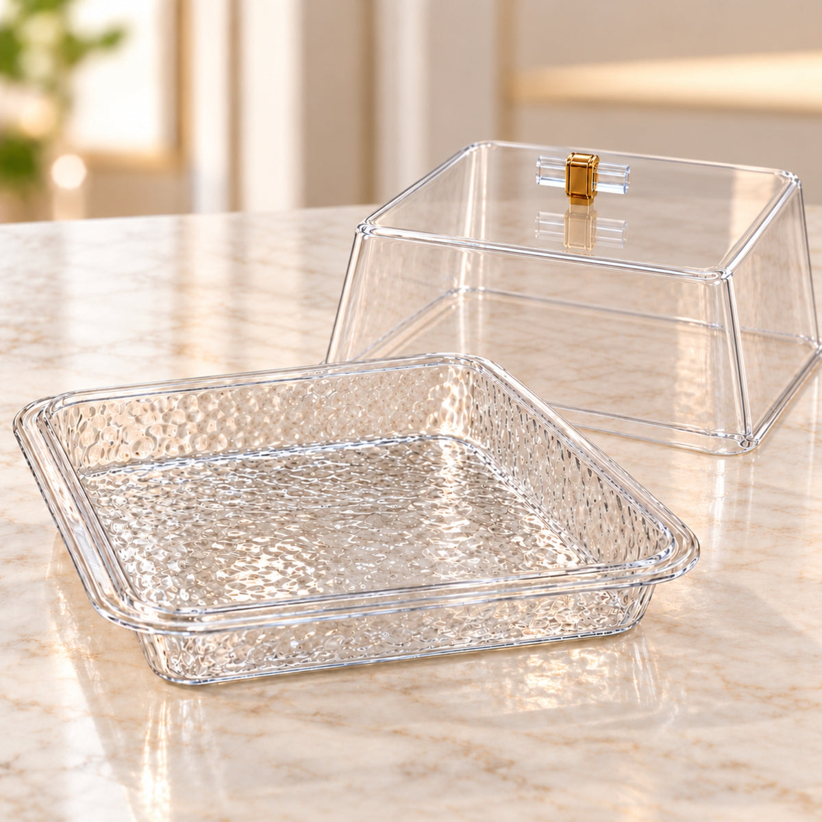 Premium Deep Serving Tray with Clear Cover & Gold Accent Handle – CD-7054