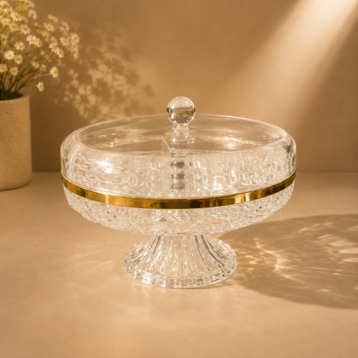 Crystal Candy Jar Stand with Lid & Gold Rim – Small | CRY25621