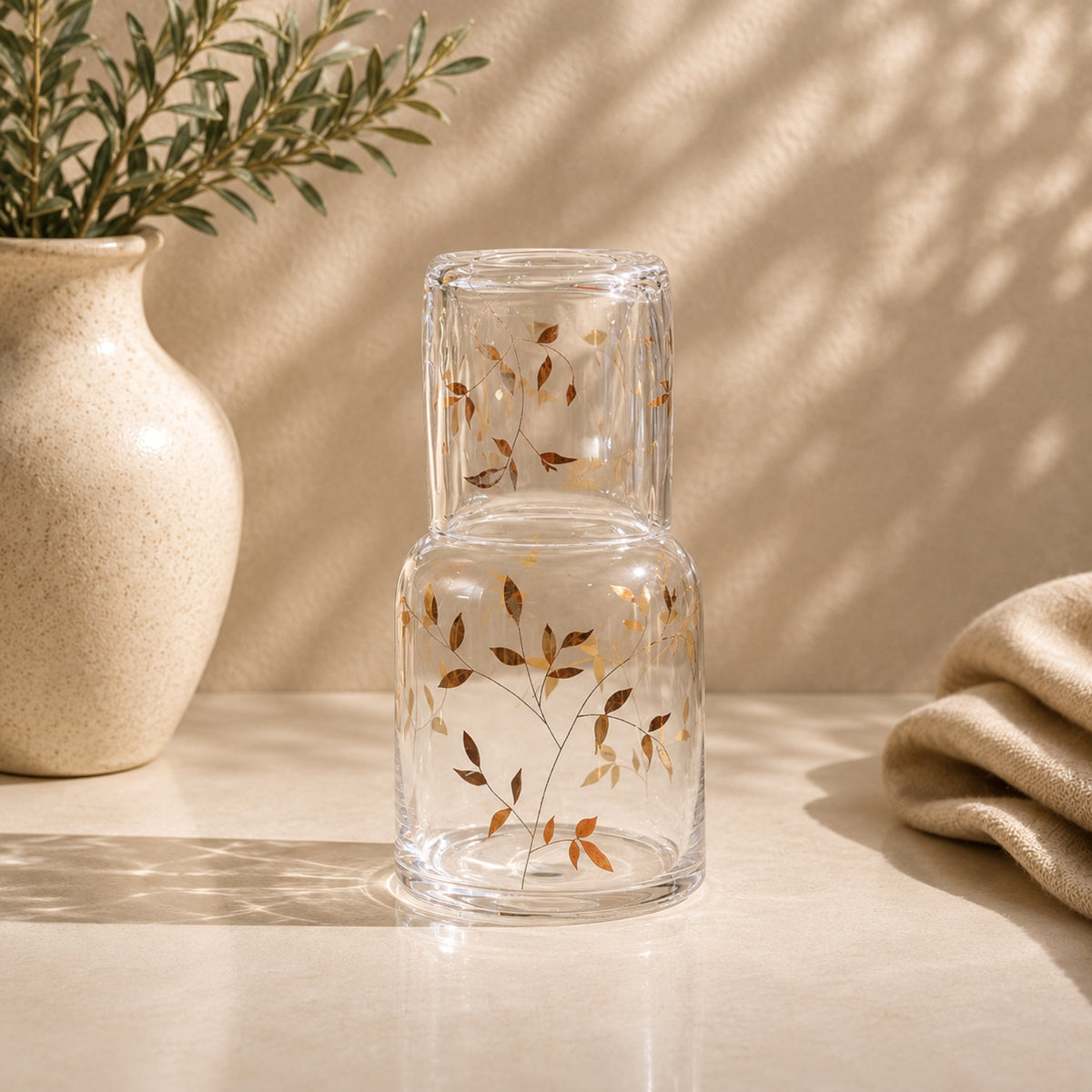 Glass Carafe and Glass Water Set 800ml + 300ml | Golden Leaf Pattern