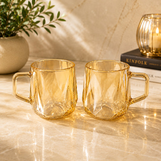 Cartoon breakfast glass cup 2-piece set in amber with geometric textured design and handles