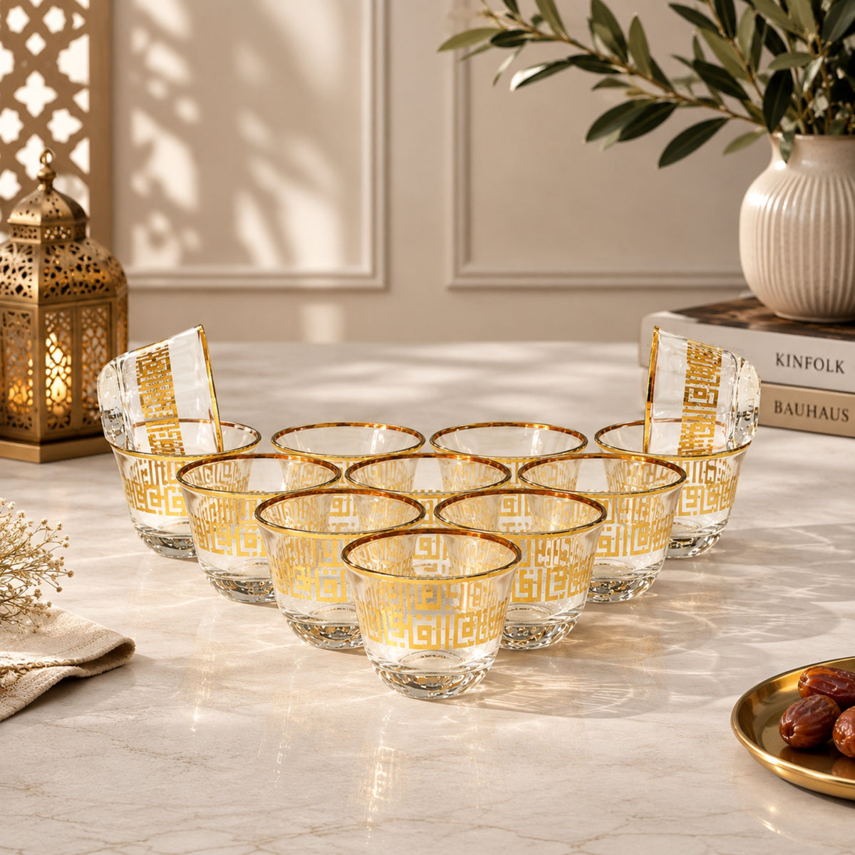 Gold Pattern Glass Cawa Cup Set 12 Pieces | CUPS327