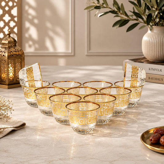 Gold Pattern Glass Cawa Cup Set 12 Pieces | CUPS327