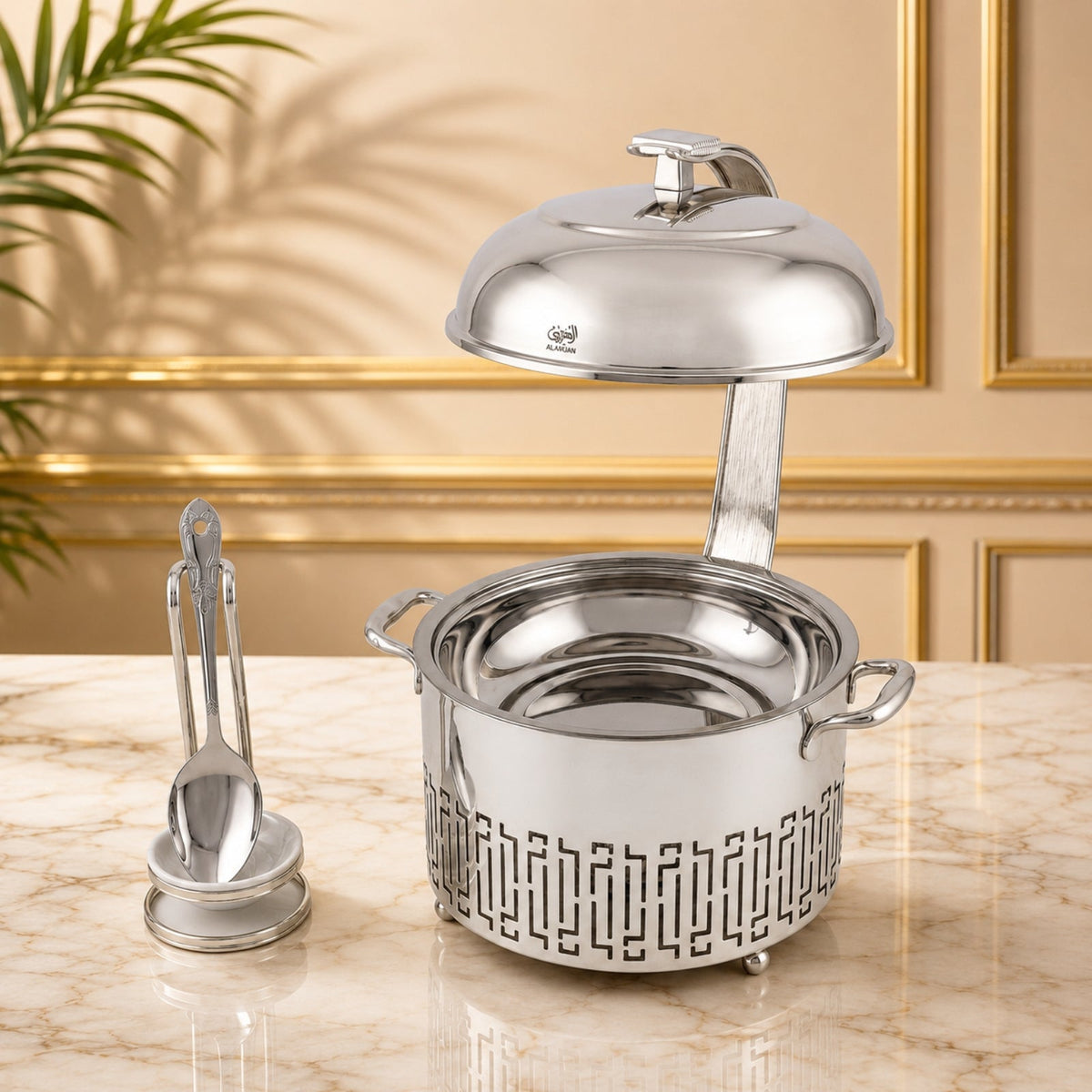 Chafing Dish with Matching Spoon & Stand 4L Full Silver by Almarjan